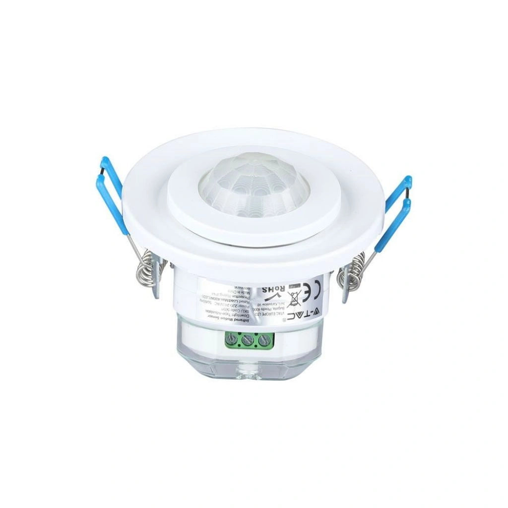 V-Tac SKU 5091 VT-8030 sensore di movimento a microonde. angolo di rilevamento di 360 gradi e una distanza massima di 8 metri. A incasso. Colore bianco.