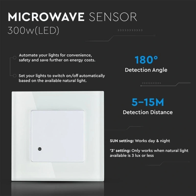 V-Tac 15021 VT-8084 sensore di movimento a microonde con rilevamento a 180°. Carico massimo: 300 Watt. Regolazione tempo e sensibilità. Colore bianco. IP20. Per abitazioni, uffici e attività commerciali.