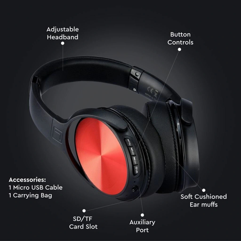 V-Tac SKU 7729 VT-6322-R cuffie senza fili. per ascoltare musica. Bluetooth. Testa rotante. Colore rosso. Con custodia. Controlla musica e media sul tuo smartphone.
