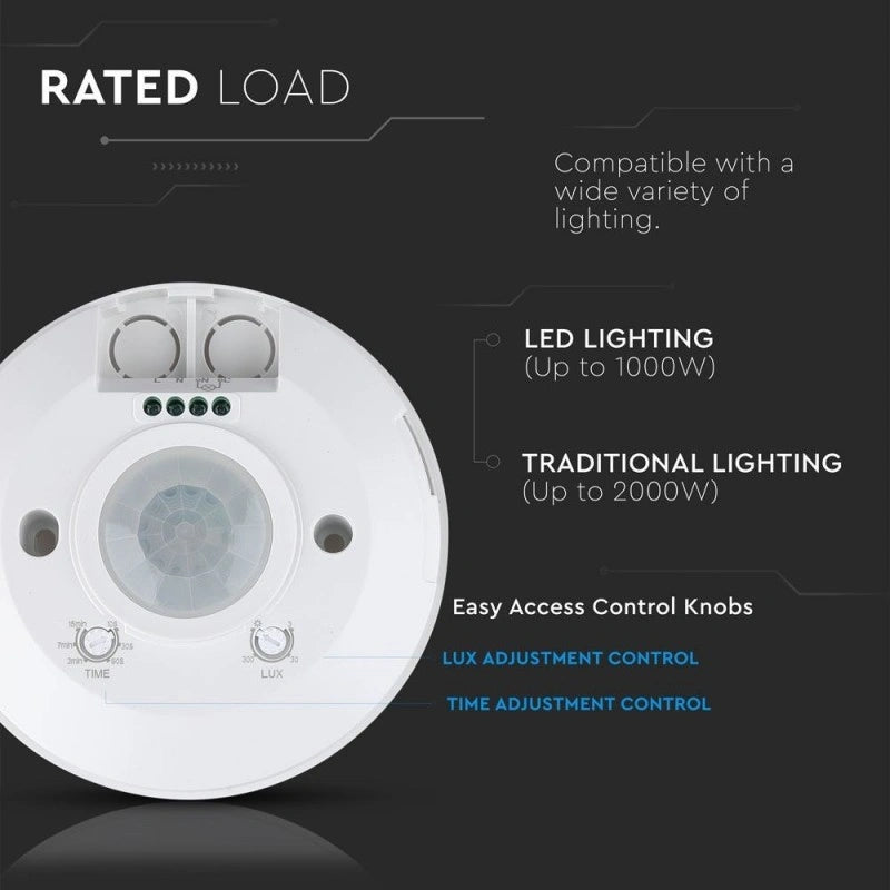 V-Tac SKU 5086 VT-8027 sensore di movimento PIR a infrarossi. Installazione a plafone. Campo di rilevamento a 360 gradi e una distanza massima di 8 metri. Colore bianco.