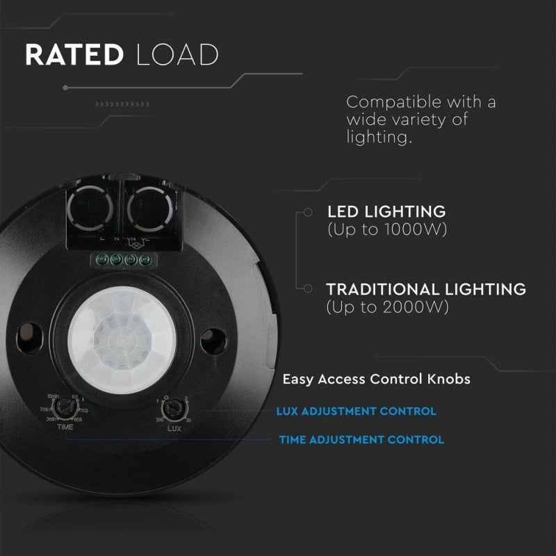 V-Tac SKU 5087 VT-8027 sensore di movimento a infrarossi. Campo di rilevamento a 360 gradi e una distanza massima di 8 metri. Montaggio a plafone. Colore nero.