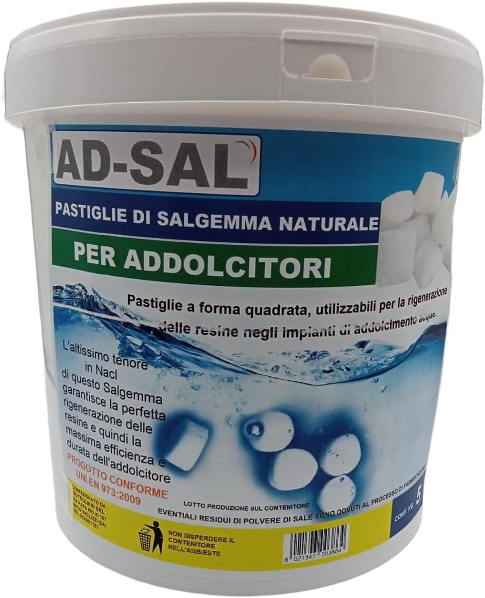 Sale per addolcitore in pastiglie quadre salgemma naturale confezione 5 kg secchio con manico