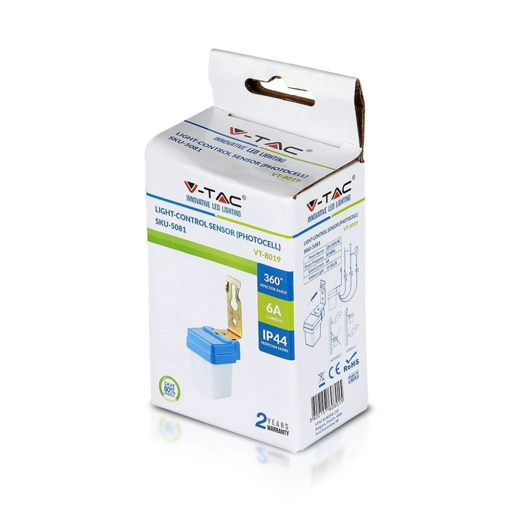 V-Tac 5081 VT-8019 sensore crepuscolare a fotocellula. 360°. IP44. Distanza di rilevamento: 360 metri. Per il controllo dell'illuminazione in ambienti esterni e interni.