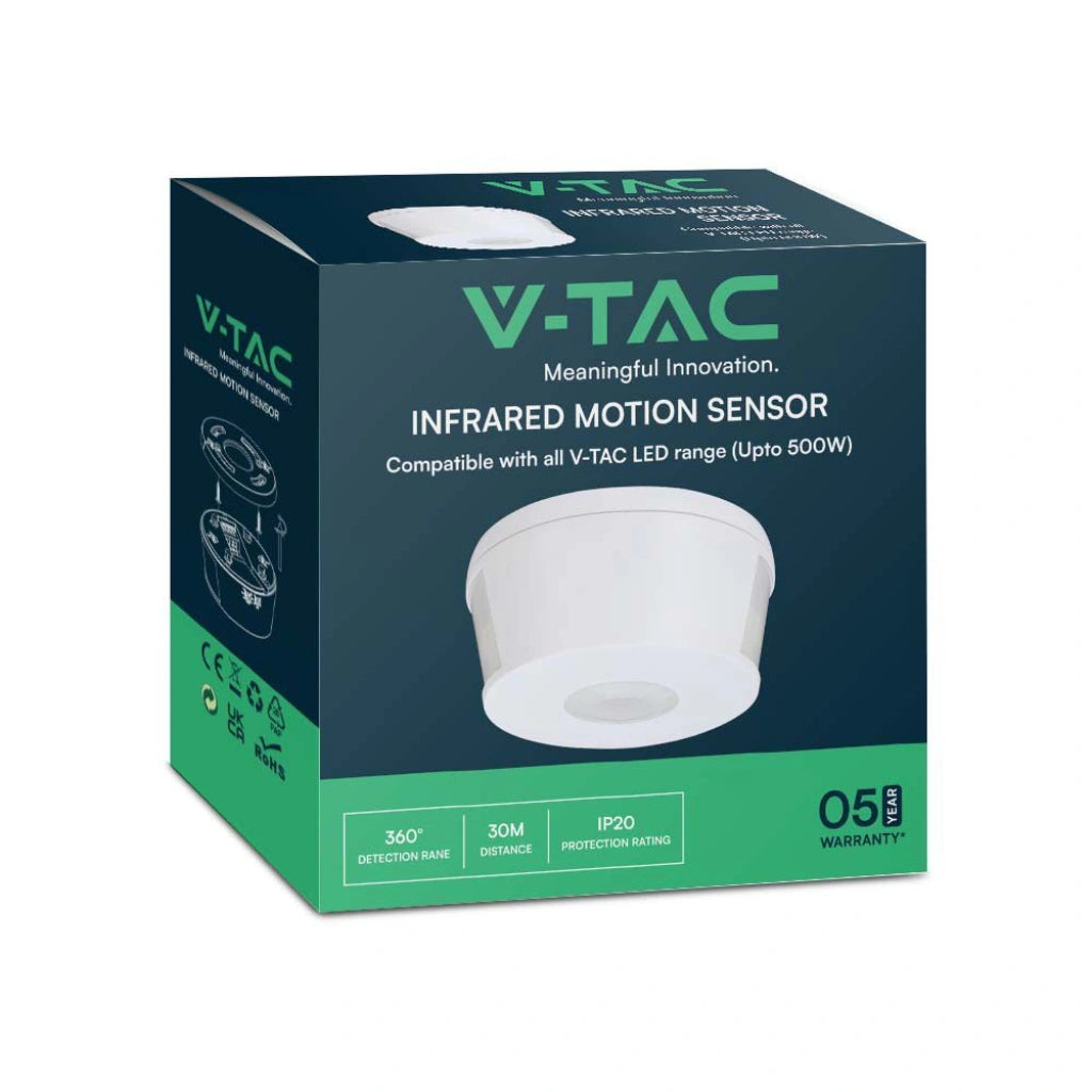 V-Tac 23162 VT-81000 sensore di movimento a infrarossi a plafone. Rileva le firme termiche, attivando automaticamente le luci al rilevamento del movimento