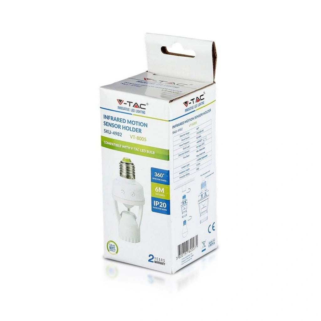 V-Tac 4982 VT-8005 portalampada E27 con sensore di movimento a infrarossi. 360°. IP20. Carico massimo: 60 Watt. Per applicazioni domestiche e commerciali.