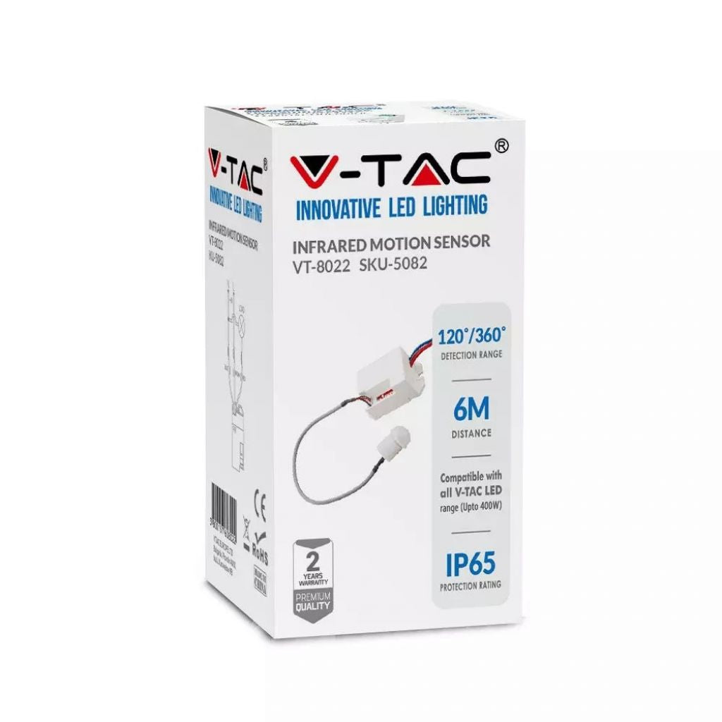 V-Tac 5082 VT-8022 sensore di movimento a infrarossi. Distanza di rilevamento da 3 a 6 metri. Per casa e ambienti di lavoro.