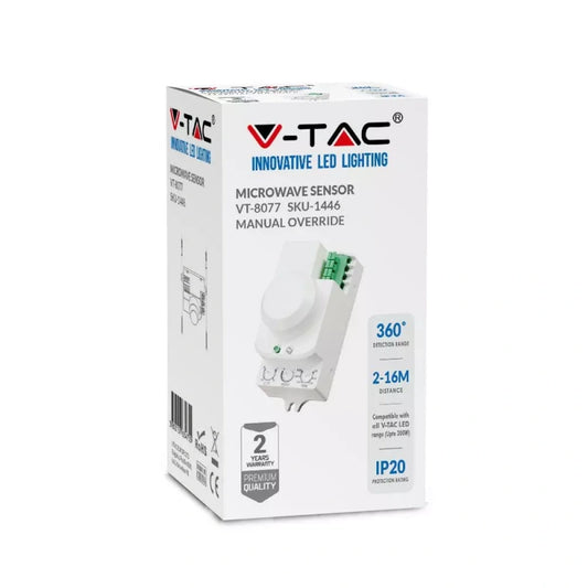 V-Tac SKU 1446 VT-8077 sensore di movimento a microonde. Angolo di rilevamento di 360° e una distanza di rilevamento regolabile da 1 a 8 metri. A plafone. Colore bianco.
