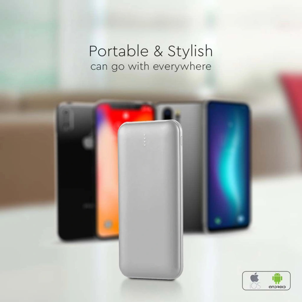 V-Tac SKU 23037 VT-3527 power bank slim per tablet e smartphone. 10000 mAh. Carica veloce. 10 Watt. Con dual Usb e type C. Colore argento.