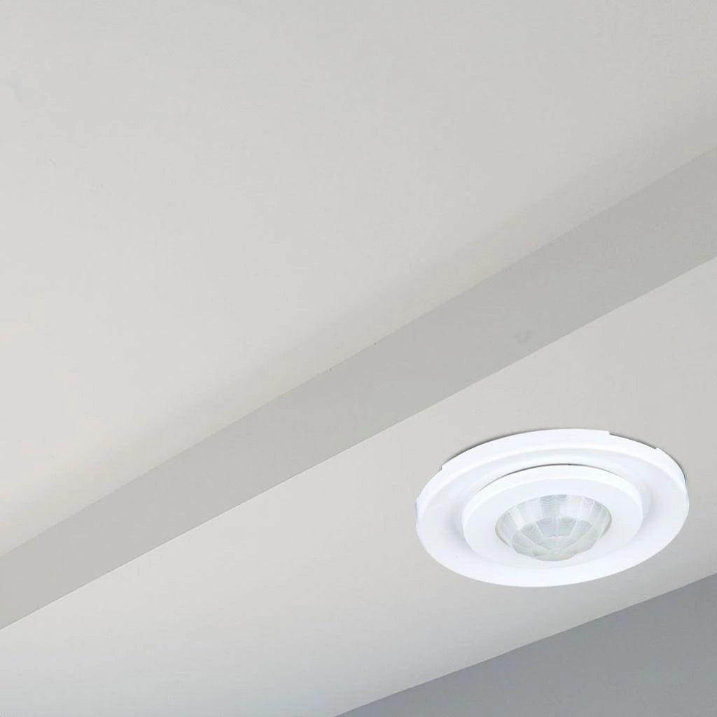 V-Tac SKU 5091 VT-8030 sensore di movimento a microonde. angolo di rilevamento di 360 gradi e una distanza massima di 8 metri. A incasso. Colore bianco.