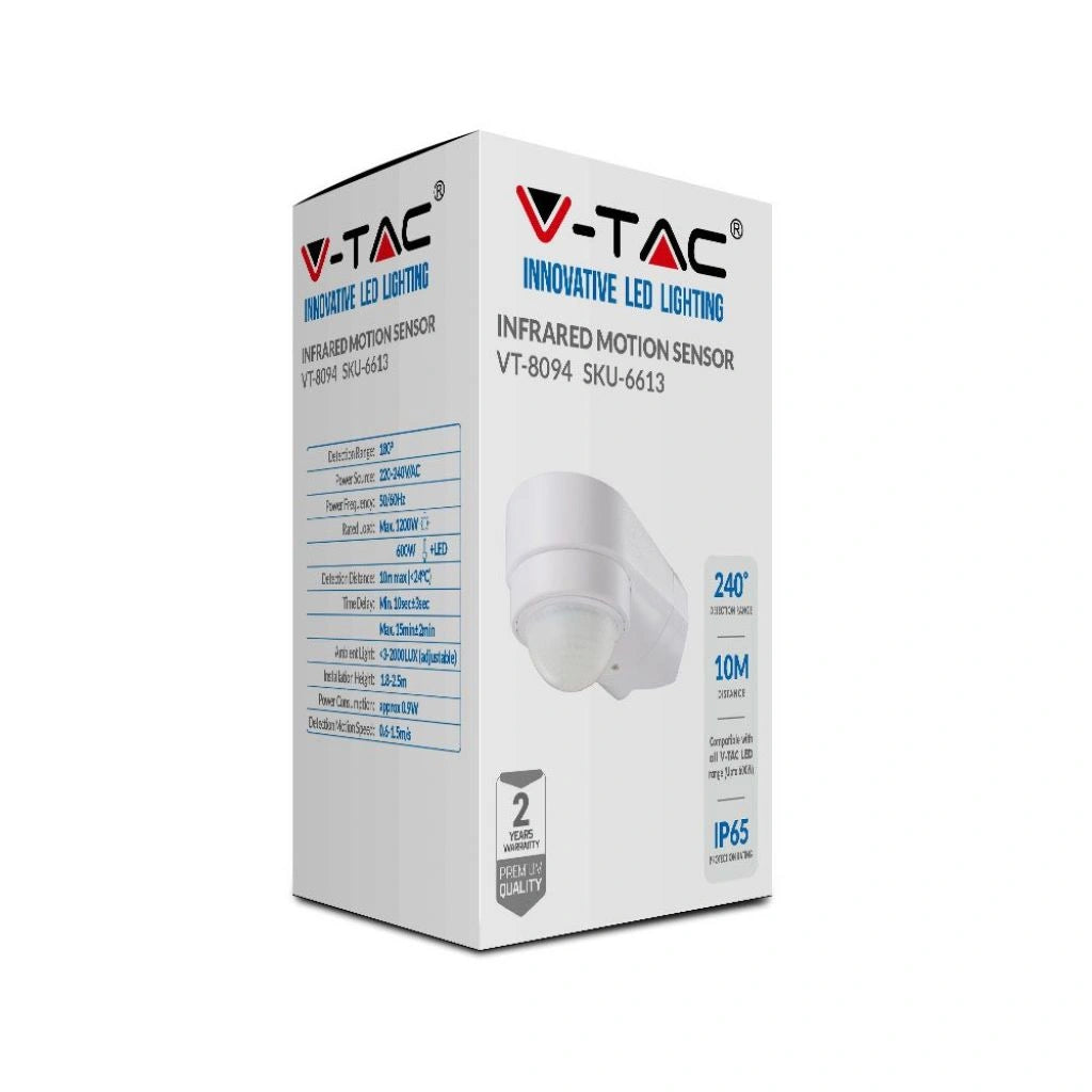 V-Tac SKU 6613 VT-8094 sensore di movimento a infrarossi angolare, colore bianco