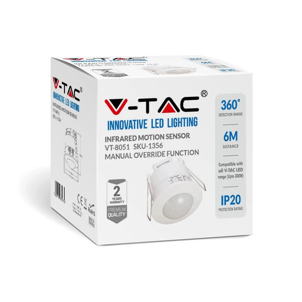 V-Tac SKU 1356 VT-8051 sensore di movimento a infrarossi a incasso colore bianco