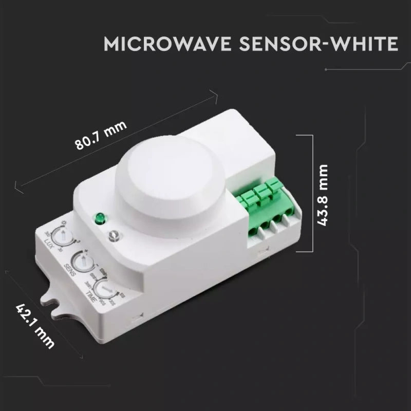 V-Tac SKU 1446 VT-8077 sensore di movimento a microonde. Angolo di rilevamento di 360° e una distanza di rilevamento regolabile da 1 a 8 metri. A plafone. Colore bianco.