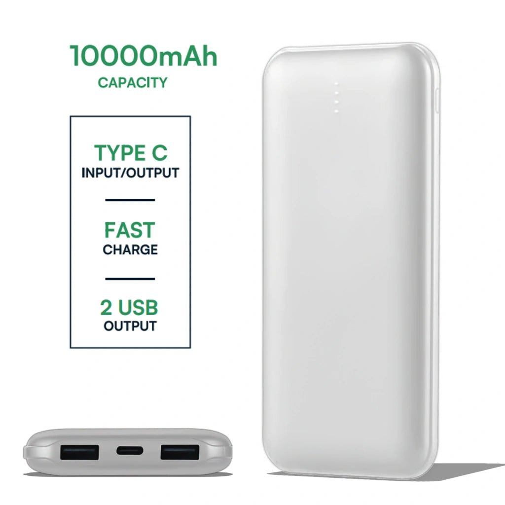 V-Tac SKU 23037 VT-3527 power bank slim per tablet e smartphone. 10000 mAh. Carica veloce. 10 Watt. Con dual Usb e type C. Colore argento.
