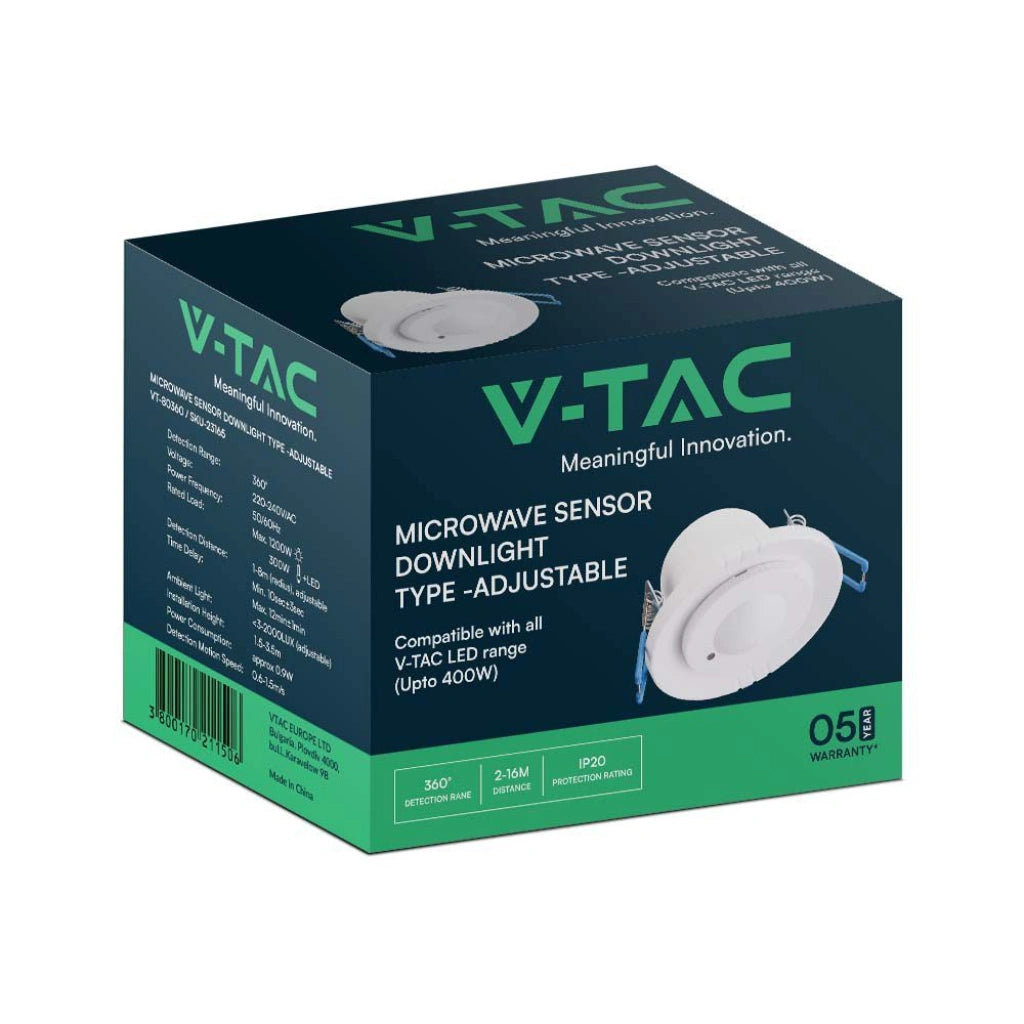 V-Tac SKU 23165 VT-80360 sensore di movimento a microonde. Capacità di rilevamento a 360 gradi, rileva movimenti in un raggio regolabile da 2 a 16 metri. A incasso. Colore bianco.