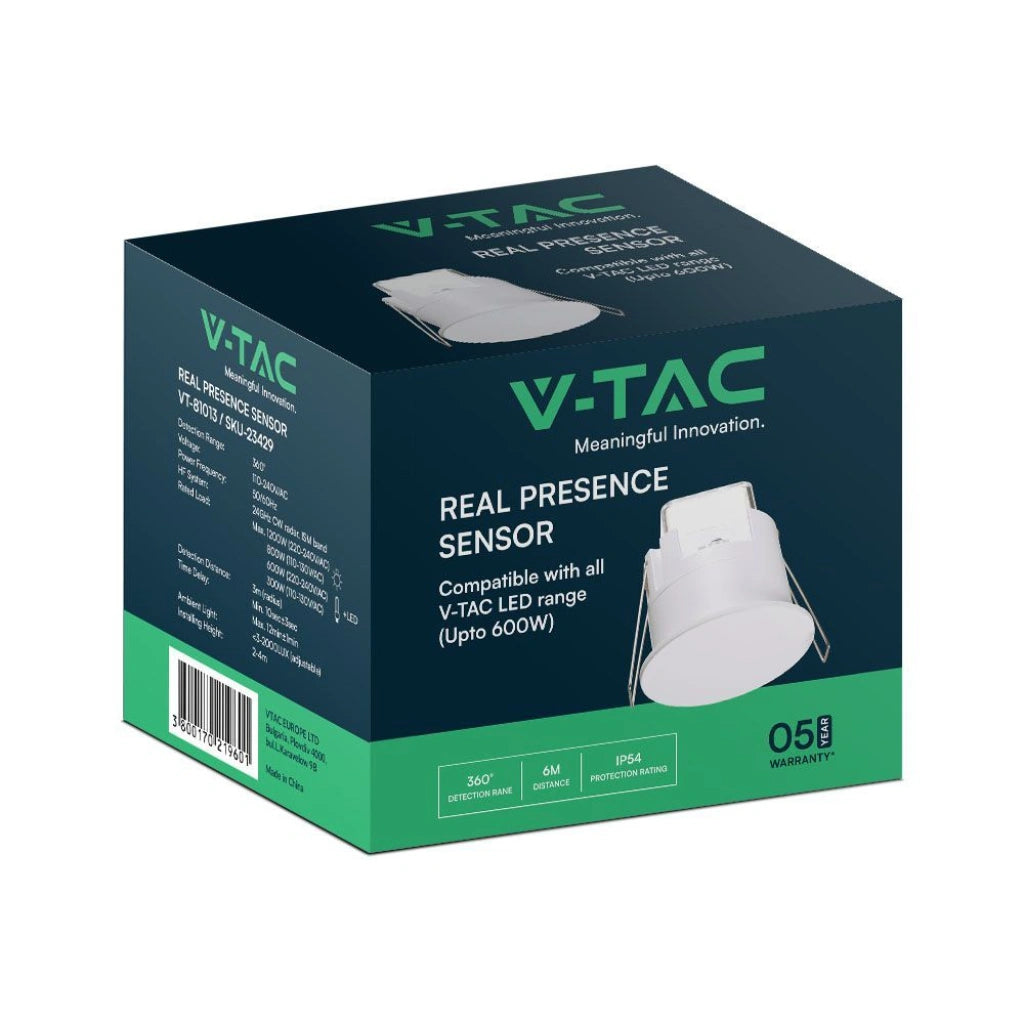 V-Tac SKU 23429 VT-81013 sensore di movimento/presenza. A incasso. Area di rilevamento a 360° con un raggio di 3 metri. Bianco.