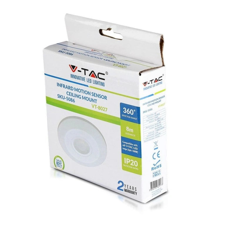 V-Tac SKU 5086 VT-8027 sensore di movimento PIR a infrarossi. Installazione a plafone. Campo di rilevamento a 360 gradi e una distanza massima di 8 metri. Colore bianco.