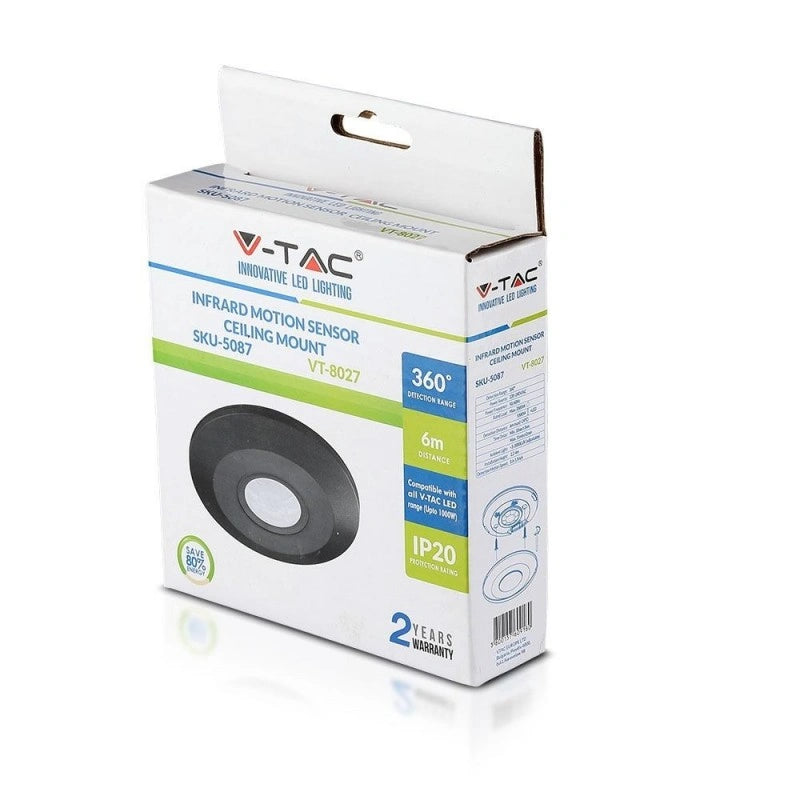 V-Tac SKU 5087 VT-8027 sensore di movimento a infrarossi. Campo di rilevamento a 360 gradi e una distanza massima di 8 metri. Montaggio a plafone. Colore nero.