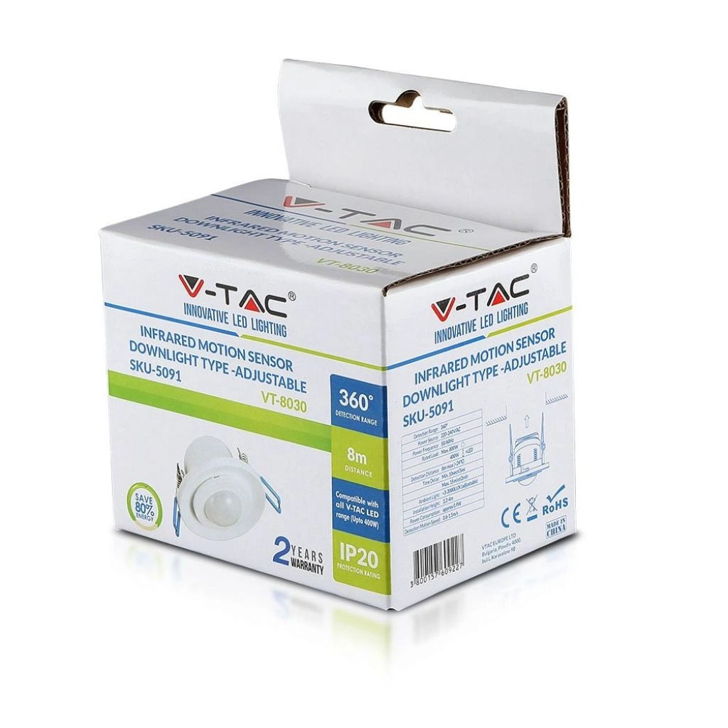 V-Tac SKU 5091 VT-8030 sensore di movimento a microonde. angolo di rilevamento di 360 gradi e una distanza massima di 8 metri. A incasso. Colore bianco.