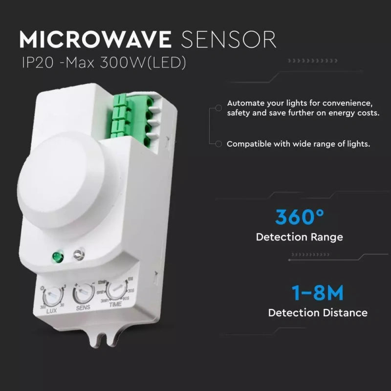 V-Tac SKU 1446 VT-8077 sensore di movimento a microonde. Angolo di rilevamento di 360° e una distanza di rilevamento regolabile da 1 a 8 metri. A plafone. Colore bianco.