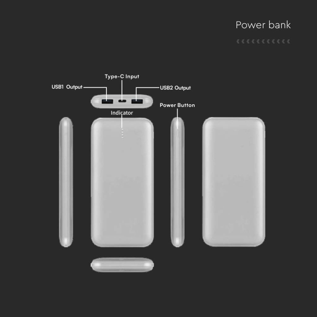 V-Tac SKU 23037 VT-3527 power bank slim per tablet e smartphone. 10000 mAh. Carica veloce. 10 Watt. Con dual Usb e type C. Colore argento.