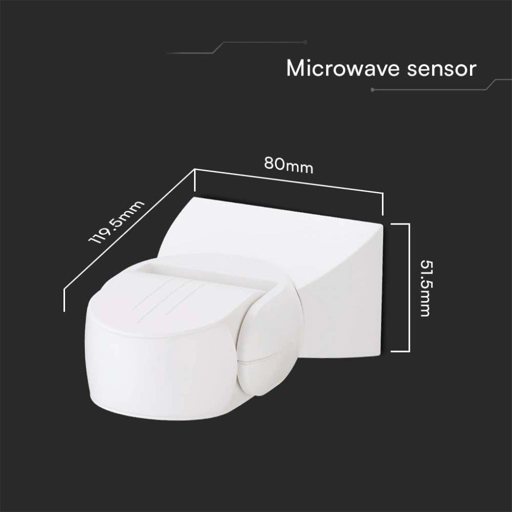 V-Tac SKU 23164 VT-80301 sensore di movimento a microonde. Il rilevamento del movimento copre un ampio angolo di 180 gradi con una distanza regolabile tra 5 e 15 metri- Montaggio a parete. Colore bianco.