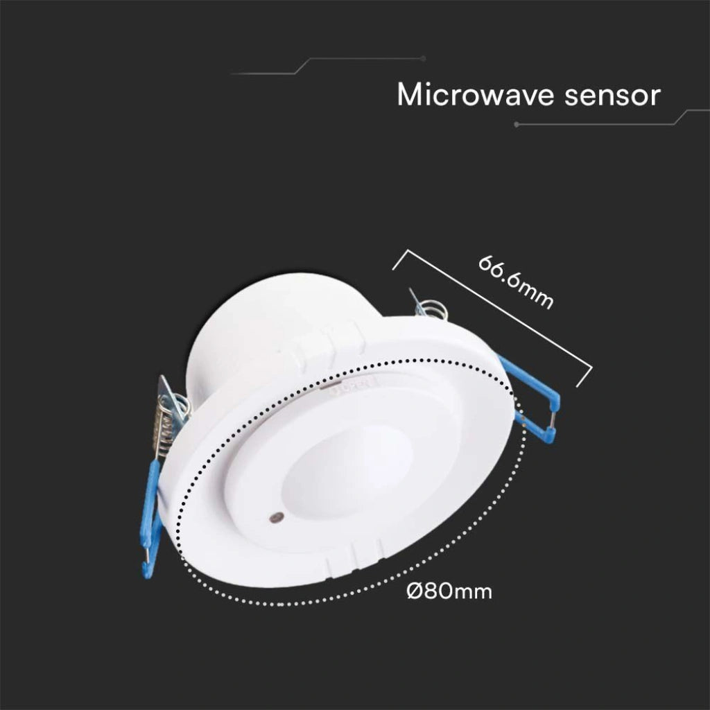 V-Tac SKU 23165 VT-80360 sensore di movimento a microonde. Capacità di rilevamento a 360 gradi, rileva movimenti in un raggio regolabile da 2 a 16 metri. A incasso. Colore bianco.