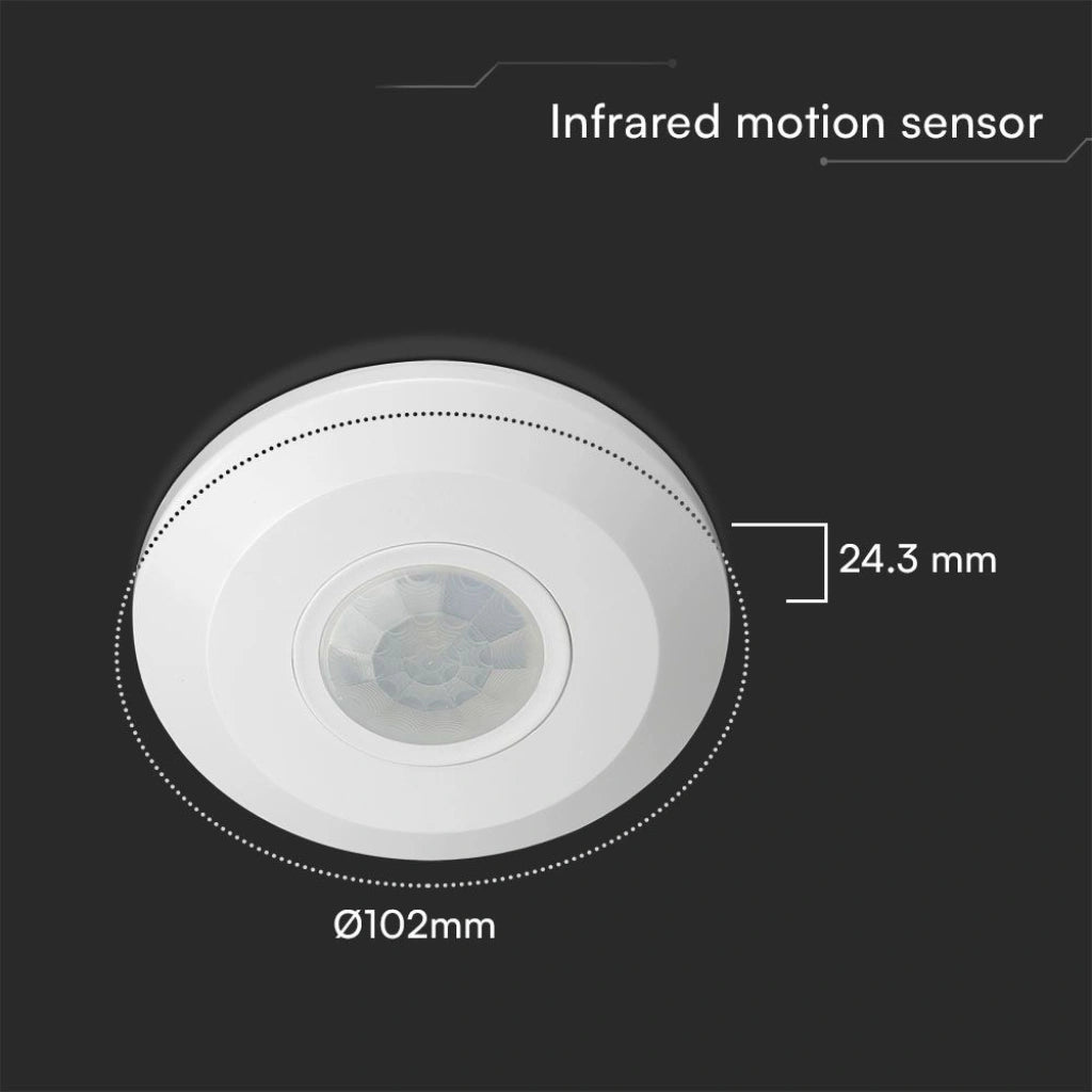 V-Tac SKU 23427 VT-81011 sensore di movimento PIR a infrarossi. Capacità di rilevamento a 360° e distanza massima di rilevamento è di 8 metri. A plafone. Bianco.