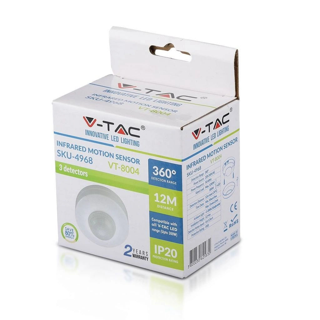 V-Tac SKU 4968 VT-8004 sensore di movimento a infrarossi. Gamma di rilevamento di 360° e distanza di rilevamento massima di 12 metri. Installazione a plafone. Colore bianco.
