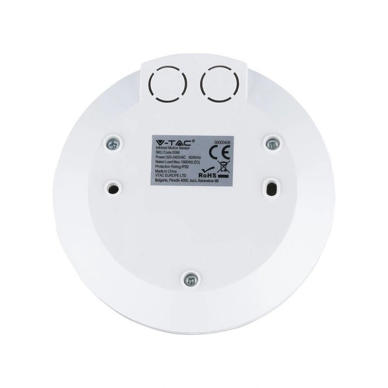 V-Tac SKU 5086 VT-8027 sensore di movimento PIR a infrarossi. Installazione a plafone. Campo di rilevamento a 360 gradi e una distanza massima di 8 metri. Colore bianco.