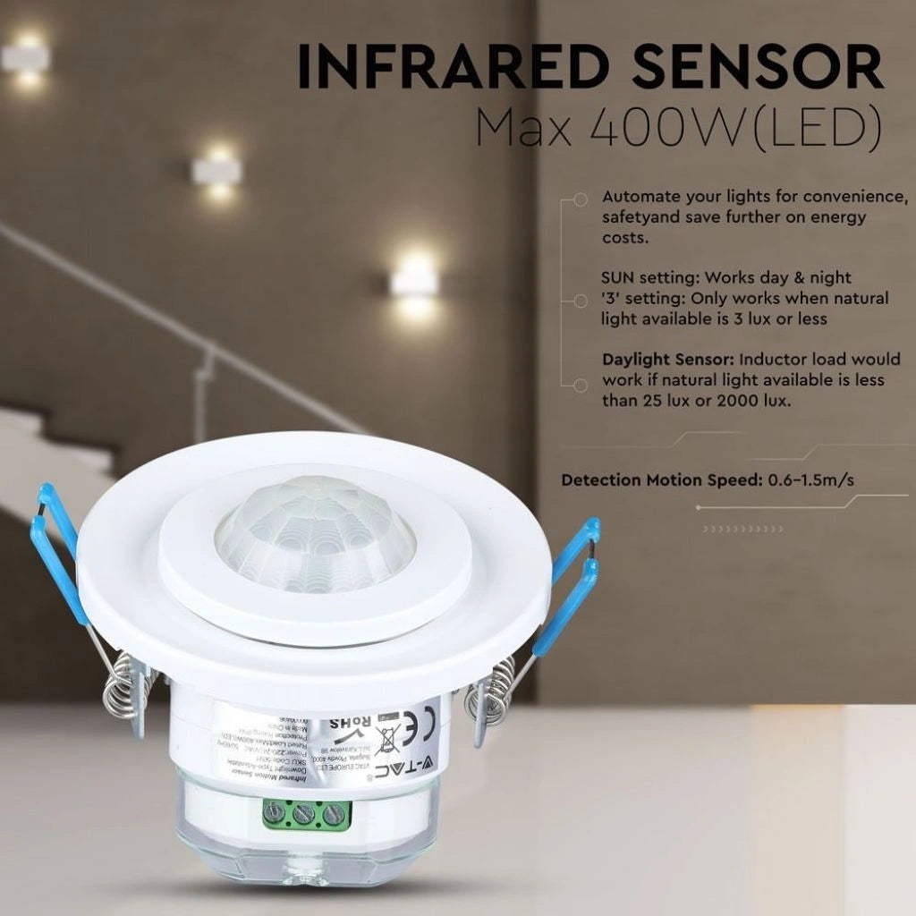 V-Tac SKU 5091 VT-8030 sensore di movimento a microonde. angolo di rilevamento di 360 gradi e una distanza massima di 8 metri. A incasso. Colore bianco.