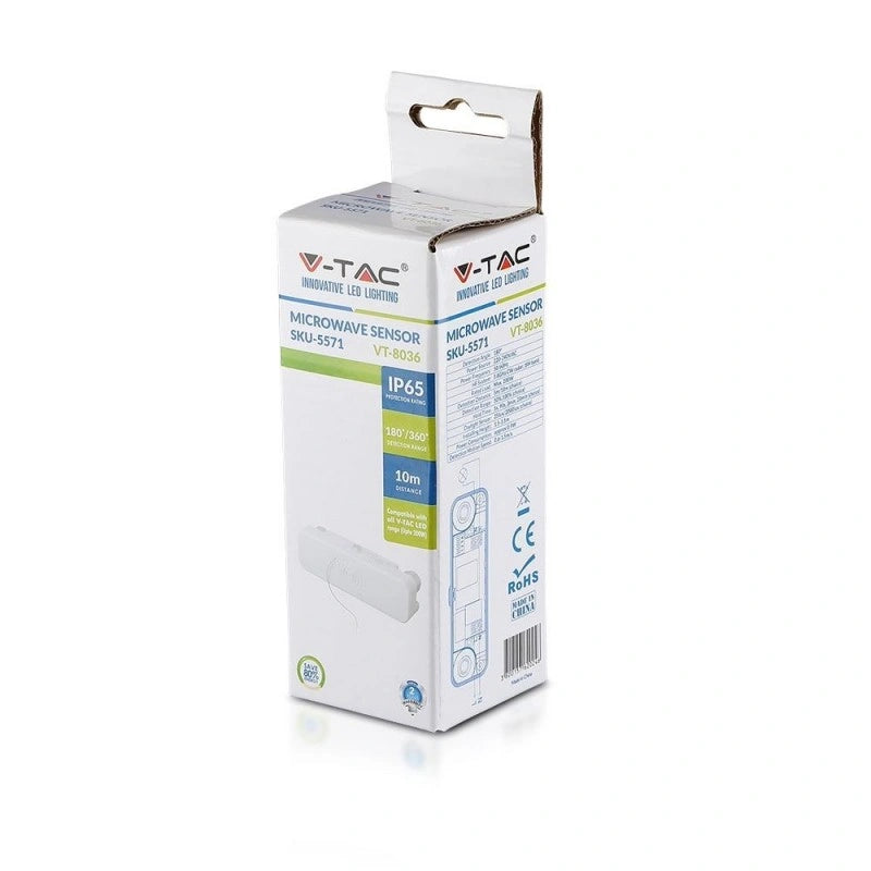 V-Tac SKU 5572 VT-8036 sensore di movimento a microonde. Capacità di rilevamento da 180° a 360° con una portata regolabile fino a 10 metri. Montaggio a plafone. Colore bianco.