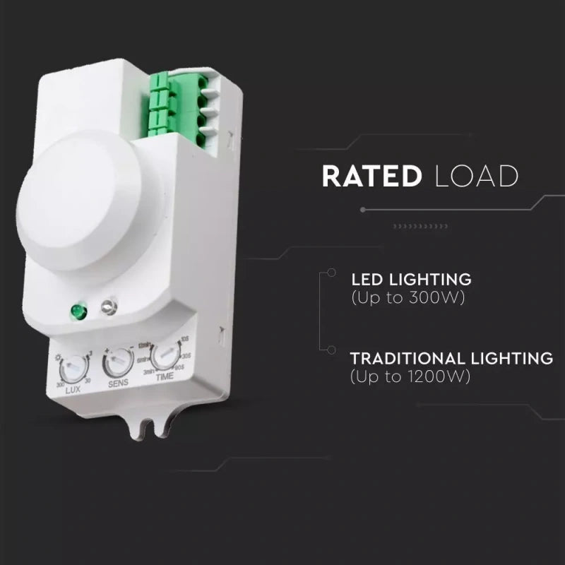 V-Tac SKU 1446 VT-8077 sensore di movimento a microonde. Angolo di rilevamento di 360° e una distanza di rilevamento regolabile da 1 a 8 metri. A plafone. Colore bianco.