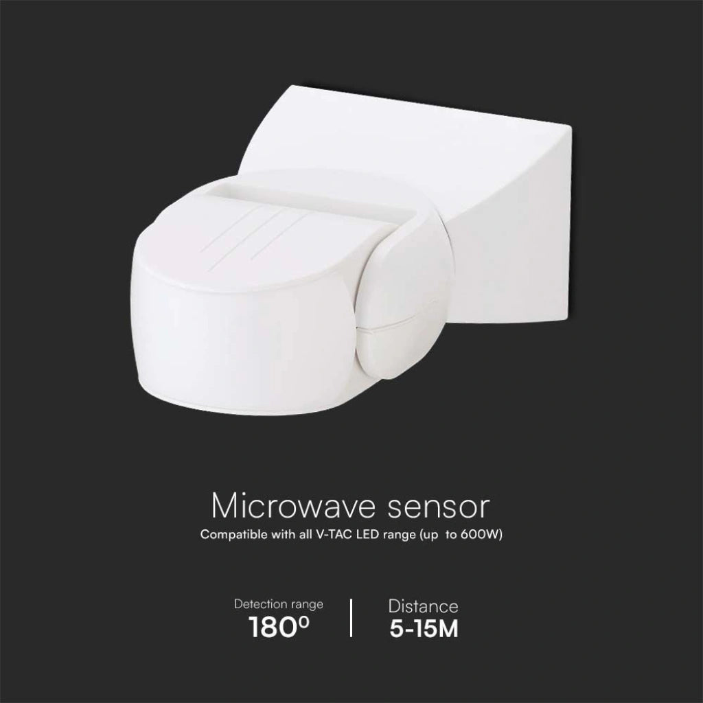 V-Tac SKU 23164 VT-80301 sensore di movimento a microonde. Il rilevamento del movimento copre un ampio angolo di 180 gradi con una distanza regolabile tra 5 e 15 metri- Montaggio a parete. Colore bianco.