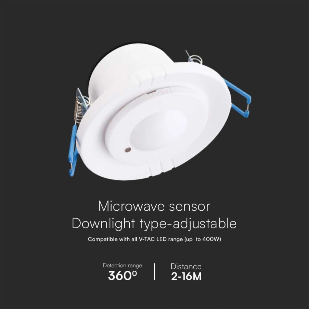 V-Tac SKU 23165 VT-80360 sensore di movimento a microonde. Capacità di rilevamento a 360 gradi, rileva movimenti in un raggio regolabile da 2 a 16 metri. A incasso. Colore bianco.