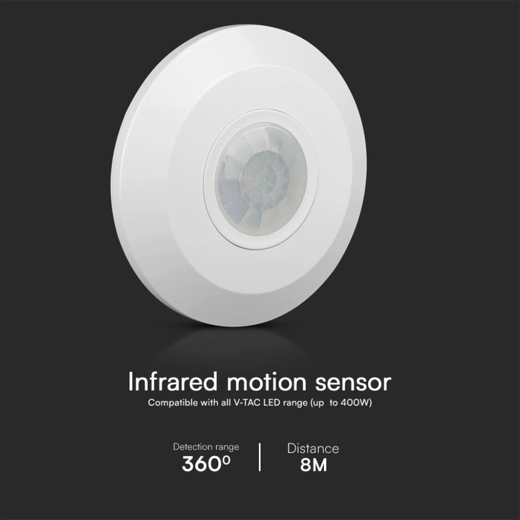 V-Tac SKU 23427 VT-81011 sensore di movimento PIR a infrarossi. Capacità di rilevamento a 360° e distanza massima di rilevamento è di 8 metri. A plafone. Bianco.