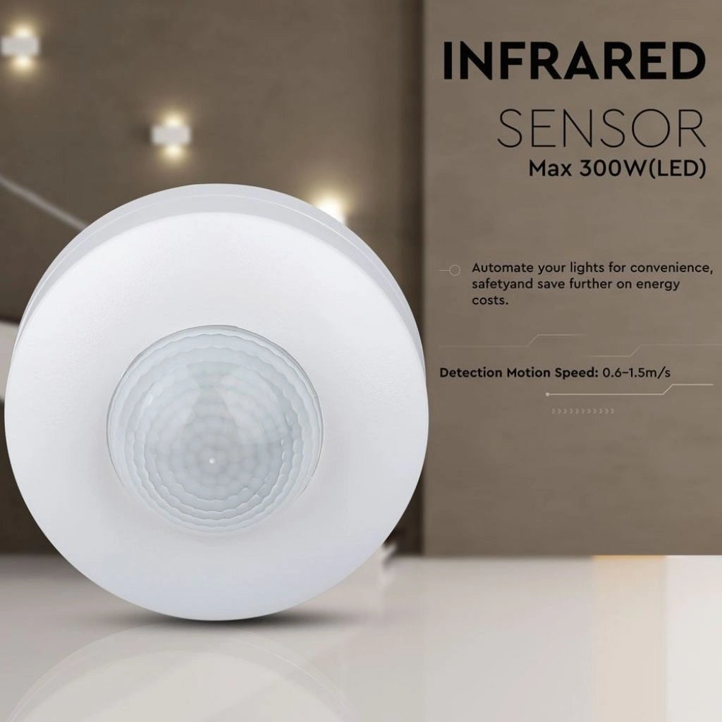 V-Tac SKU 4968 VT-8004 sensore di movimento a infrarossi. Gamma di rilevamento di 360° e distanza di rilevamento massima di 12 metri. Installazione a plafone. Colore bianco.