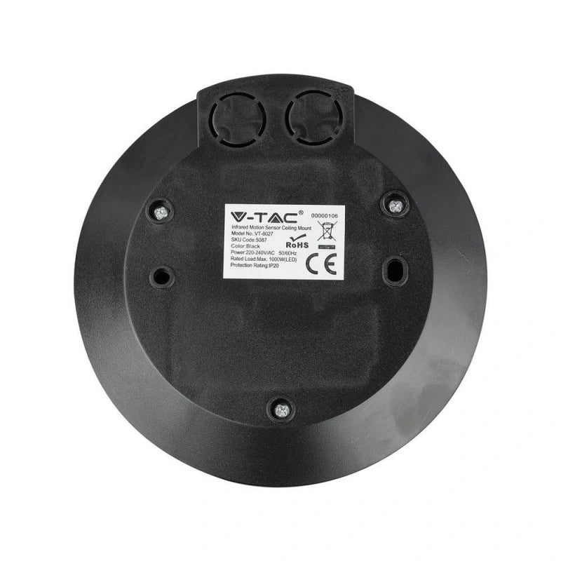 V-Tac SKU 5087 VT-8027 sensore di movimento a infrarossi. Campo di rilevamento a 360 gradi e una distanza massima di 8 metri. Montaggio a plafone. Colore nero.