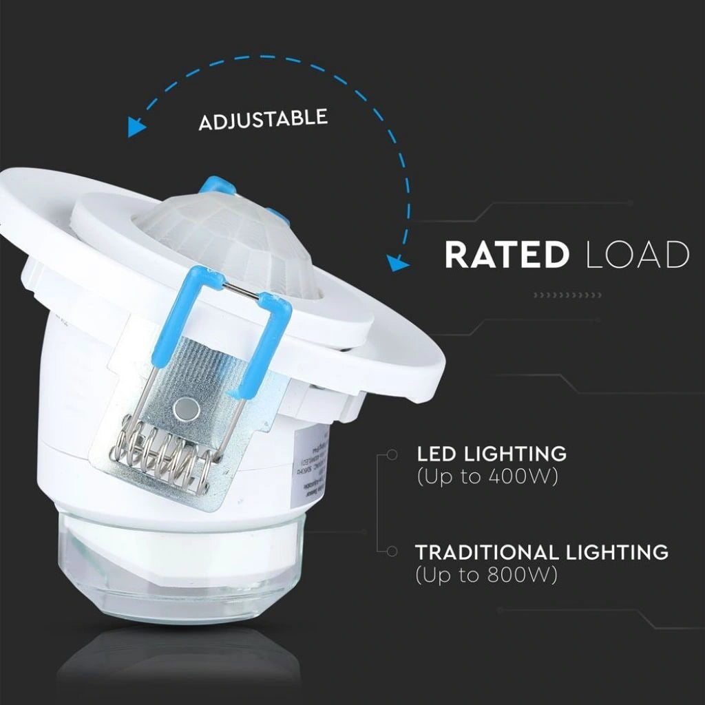 V-Tac SKU 5091 VT-8030 sensore di movimento a microonde. angolo di rilevamento di 360 gradi e una distanza massima di 8 metri. A incasso. Colore bianco.