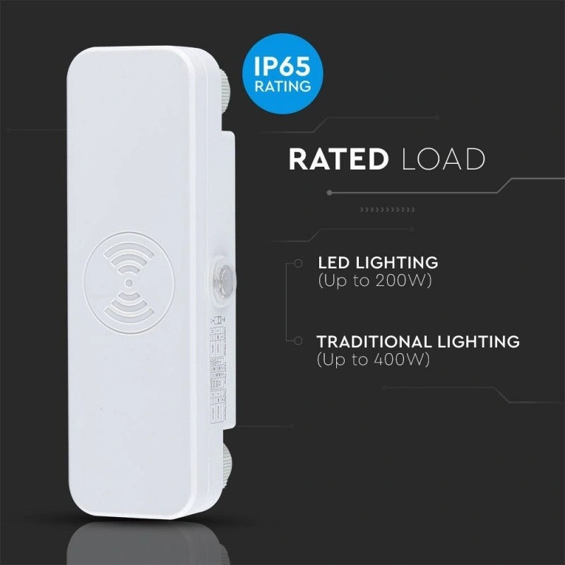 V-Tac SKU 5572 VT-8036 sensore di movimento a microonde. Capacità di rilevamento da 180° a 360° con una portata regolabile fino a 10 metri. Montaggio a plafone. Colore bianco.