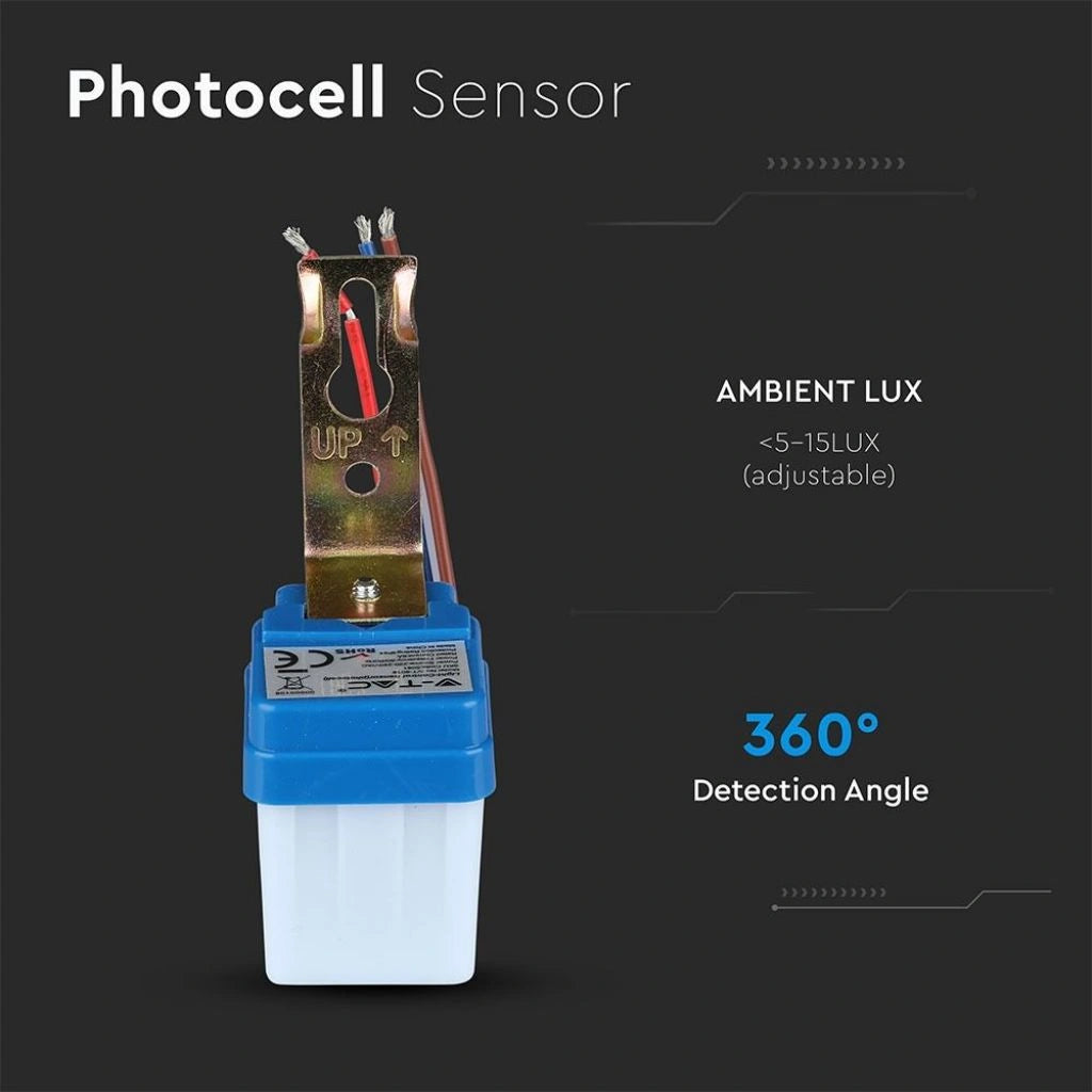 V-Tac 5081 VT-8019 sensore crepuscolare a fotocellula. 360°. IP44. Distanza di rilevamento: 360 metri. Per il controllo dell'illuminazione in ambienti esterni e interni.