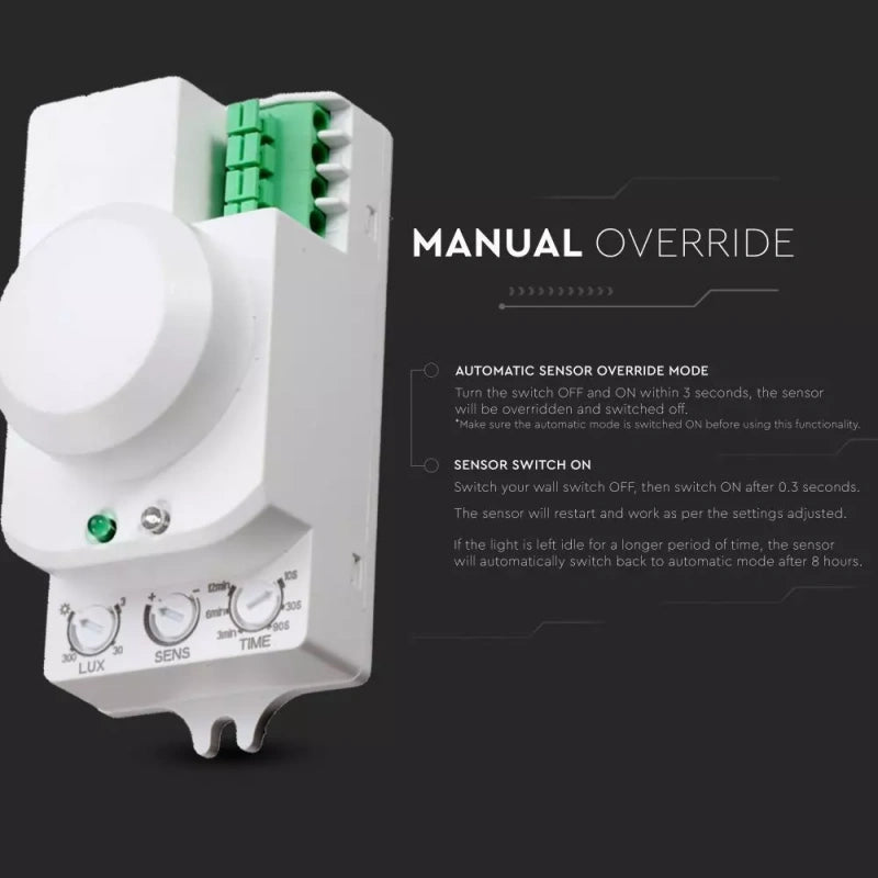 V-Tac SKU 1446 VT-8077 sensore di movimento a microonde. Angolo di rilevamento di 360° e una distanza di rilevamento regolabile da 1 a 8 metri. A plafone. Colore bianco.