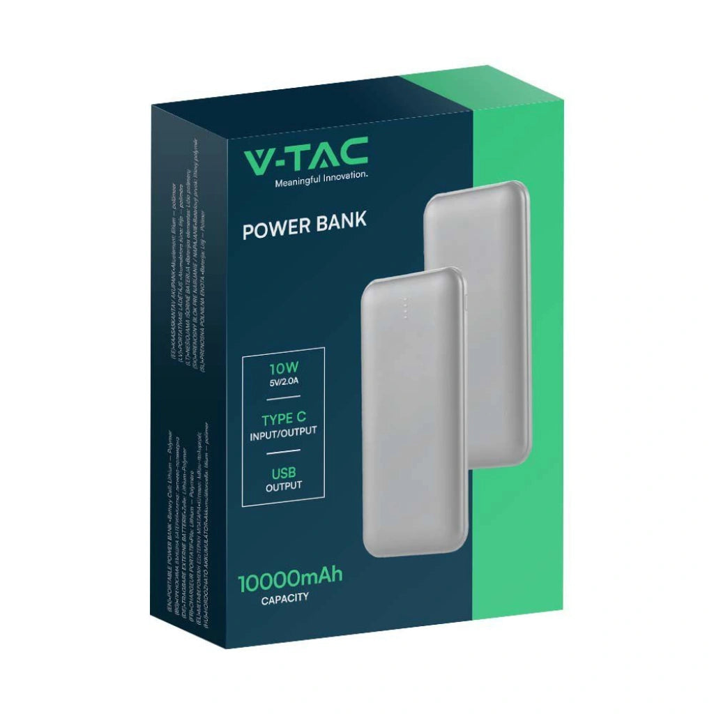 V-Tac SKU 23037 VT-3527 power bank slim per tablet e smartphone. 10000 mAh. Carica veloce. 10 Watt. Con dual Usb e type C. Colore argento.
