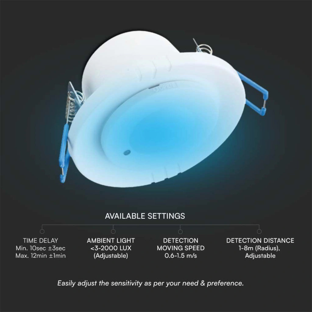 V-Tac SKU 23165 VT-80360 sensore di movimento a microonde. Capacità di rilevamento a 360 gradi, rileva movimenti in un raggio regolabile da 2 a 16 metri. A incasso. Colore bianco.