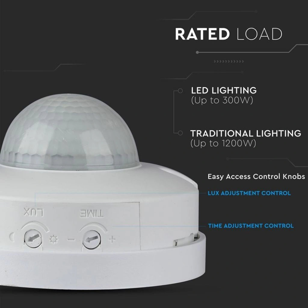 V-Tac SKU 4968 VT-8004 sensore di movimento a infrarossi. Gamma di rilevamento di 360° e distanza di rilevamento massima di 12 metri. Installazione a plafone. Colore bianco.