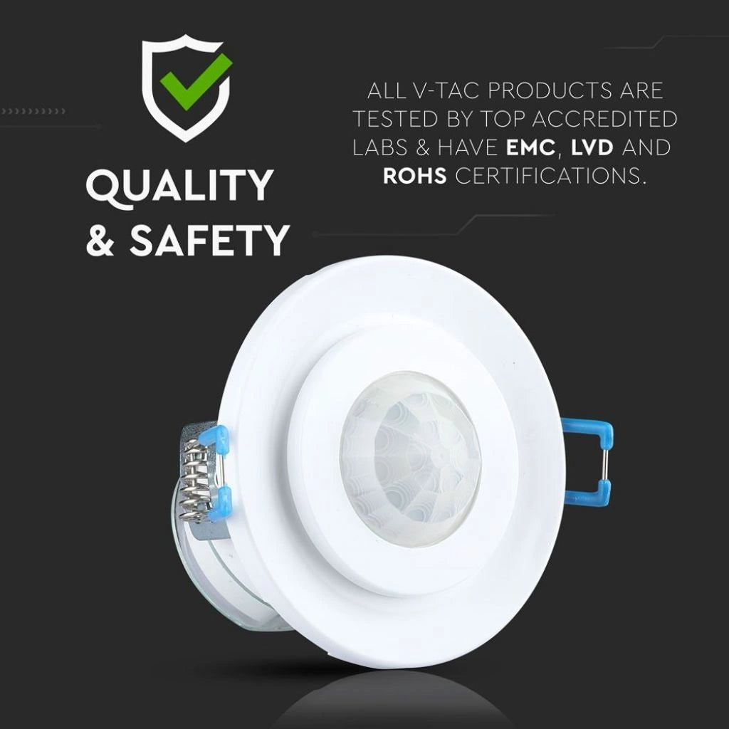 V-Tac SKU 5091 VT-8030 sensore di movimento a microonde. angolo di rilevamento di 360 gradi e una distanza massima di 8 metri. A incasso. Colore bianco.