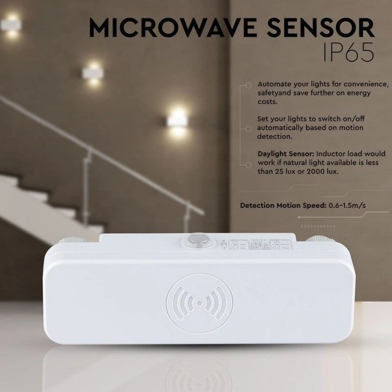 V-Tac SKU 5572 VT-8036 sensore di movimento a microonde. Capacità di rilevamento da 180° a 360° con una portata regolabile fino a 10 metri. Montaggio a plafone. Colore bianco.