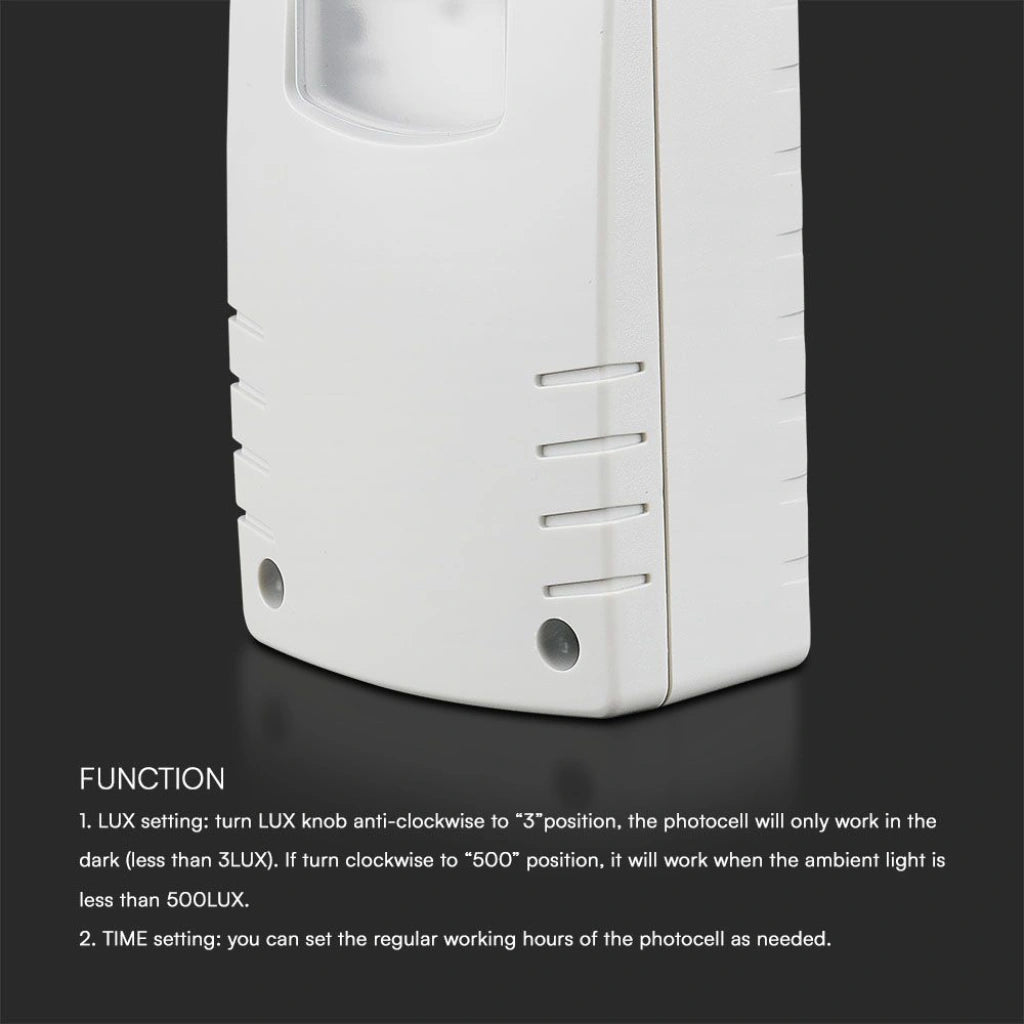 V-Tac 23423 VT-81007 sensore crepuscolare con programmazione notturna e timer. IP65. Colore bianco. Adatto per luoghi di lavoro (come parcheggi) e per la casa.