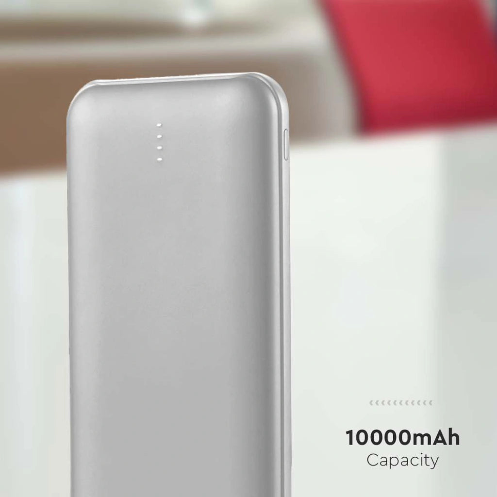 V-Tac SKU 23037 VT-3527 power bank slim per tablet e smartphone. 10000 mAh. Carica veloce. 10 Watt. Con dual Usb e type C. Colore argento.