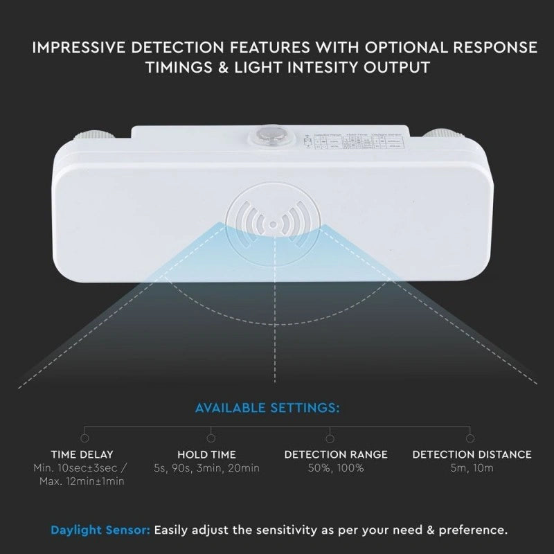 V-Tac SKU 5572 VT-8036 sensore di movimento a microonde. Capacità di rilevamento da 180° a 360° con una portata regolabile fino a 10 metri. Montaggio a plafone. Colore bianco.