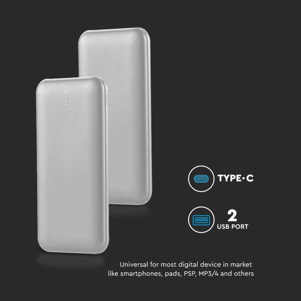 V-Tac SKU 23037 VT-3527 power bank slim per tablet e smartphone. 10000 mAh. Carica veloce. 10 Watt. Con dual Usb e type C. Colore argento.